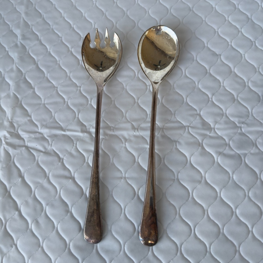 Vintage ITALY Silverplated Salad Serving Set Fork Spoon 9 Inch Minimalist Plain